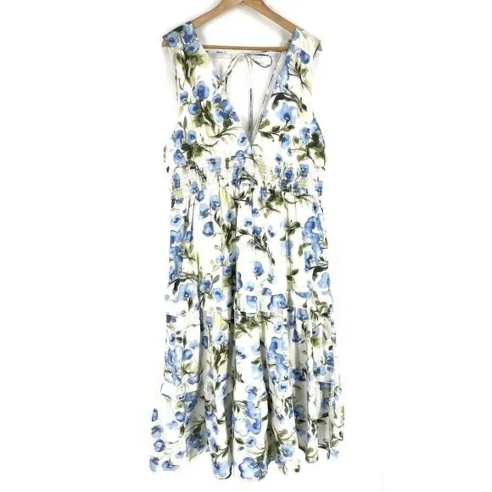 Abercrombie & Fitch Maxi Dress Size XL Women White Blue Floral Print Ruffle Tier